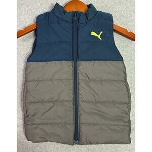 Puma Kids XS (5-6) Colorblock Puffer Vest Navy Brown Yellow Logo Zip Up